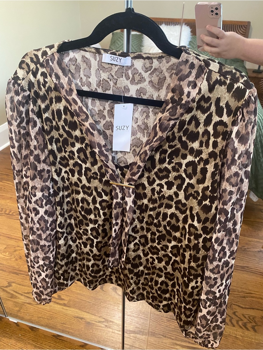 Suzy Shier Leopard Print Long-Sleeve Blouse in Brown